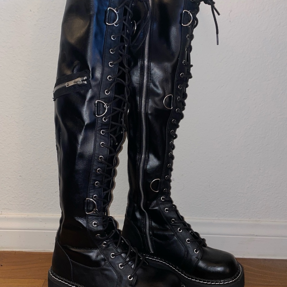 Demonia Black Lace-Up Over-the-Knee Platform Boots